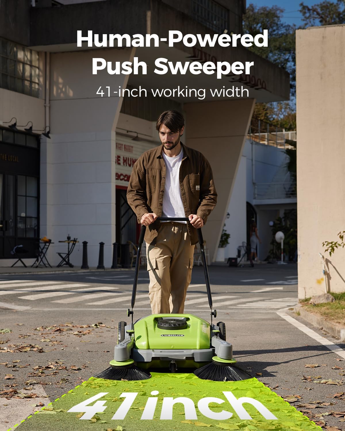 41" Industrial Walk-Behind Hand Push Floor Sweeper | Commercial 55L Large Capacity | 45000 SqFt/Hour | Indoor & Outdoor Use (Green)
