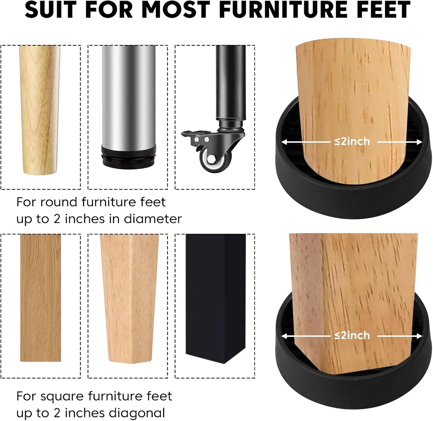 Rubber Non-Slip Furniture Pads Furniture Casters Cup Floor Protector for Bed Sofa Table and Chair Stopper (Pack of 8,Black 2" x 2" Round)