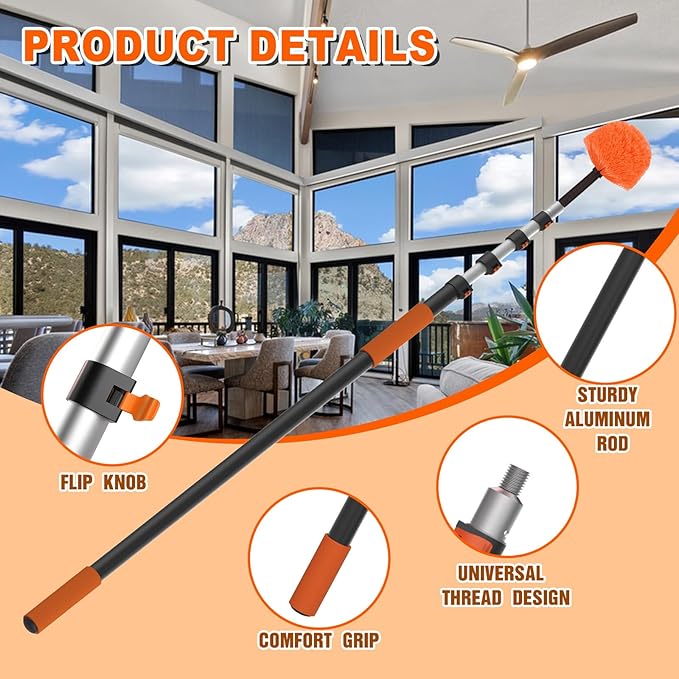 36FT Reach Cobweb Duster with Extension Pole, High Ceiling Long Duster with 7-30FT Telescoping Pole, Spider Web Brush for Indoor Outdoor Use