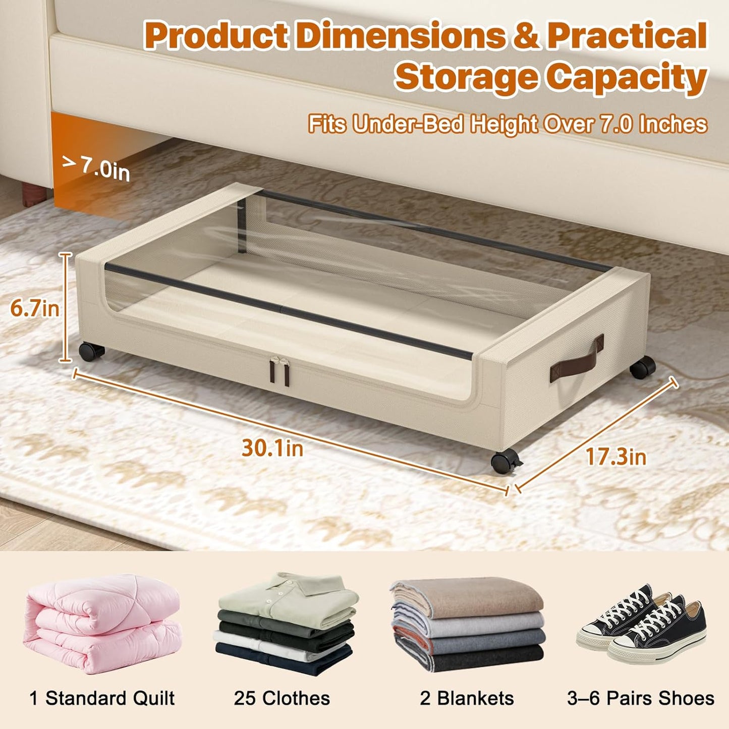 Under Bed Storage with Wheels,XXL 60L Under Bed Storage Containers with Clear Lids, Rolling Under Bed Metal Drawer for Clothes, Shoes,Toys (White, 2 Pack)