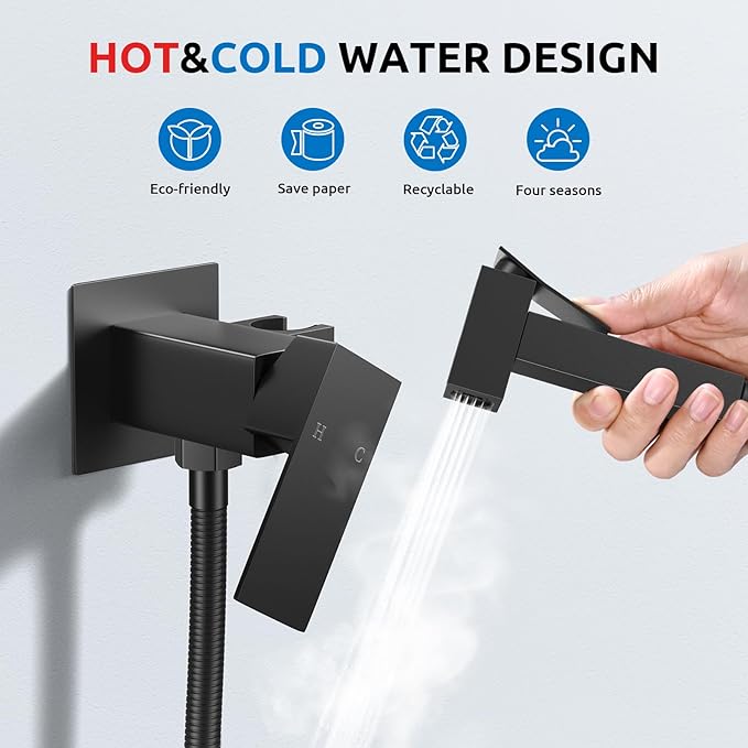 Arofa Warm Water Bidet Sprayer for Toilet with Hot and Cold Rough-in Valve, Hands-Free Handheld Jet Spray with Adjustable Water Flow, Black Square Toilet Sprayer with Bidet Hose for Feminine Wash