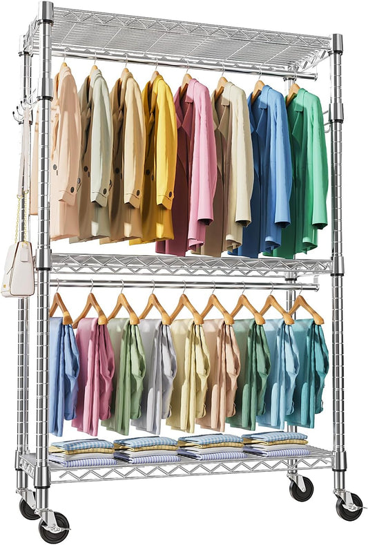 Heavy Duty Rolling Garment Rack 3 Tiers Adjustable Wire Shelving Clothes Rack with 2 Rods and Side Hooks, Storage Closet Clothing Rack with Wheels Chrome 17.7" D x 47.2" W x 83.6" H