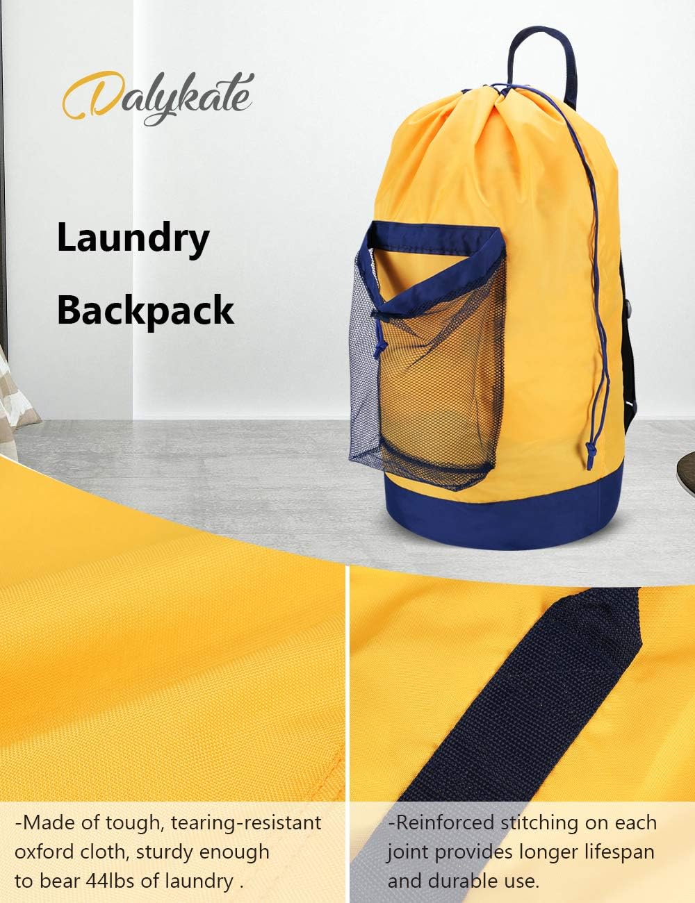 Dalykate Backpack Laundry Bag, Laundry Backpack with Shoulder Straps and Mesh Pocket Durable Nylon Clothes Hamper Bag with Drawstring Closure for College, Travel, Laundromat, Apartment