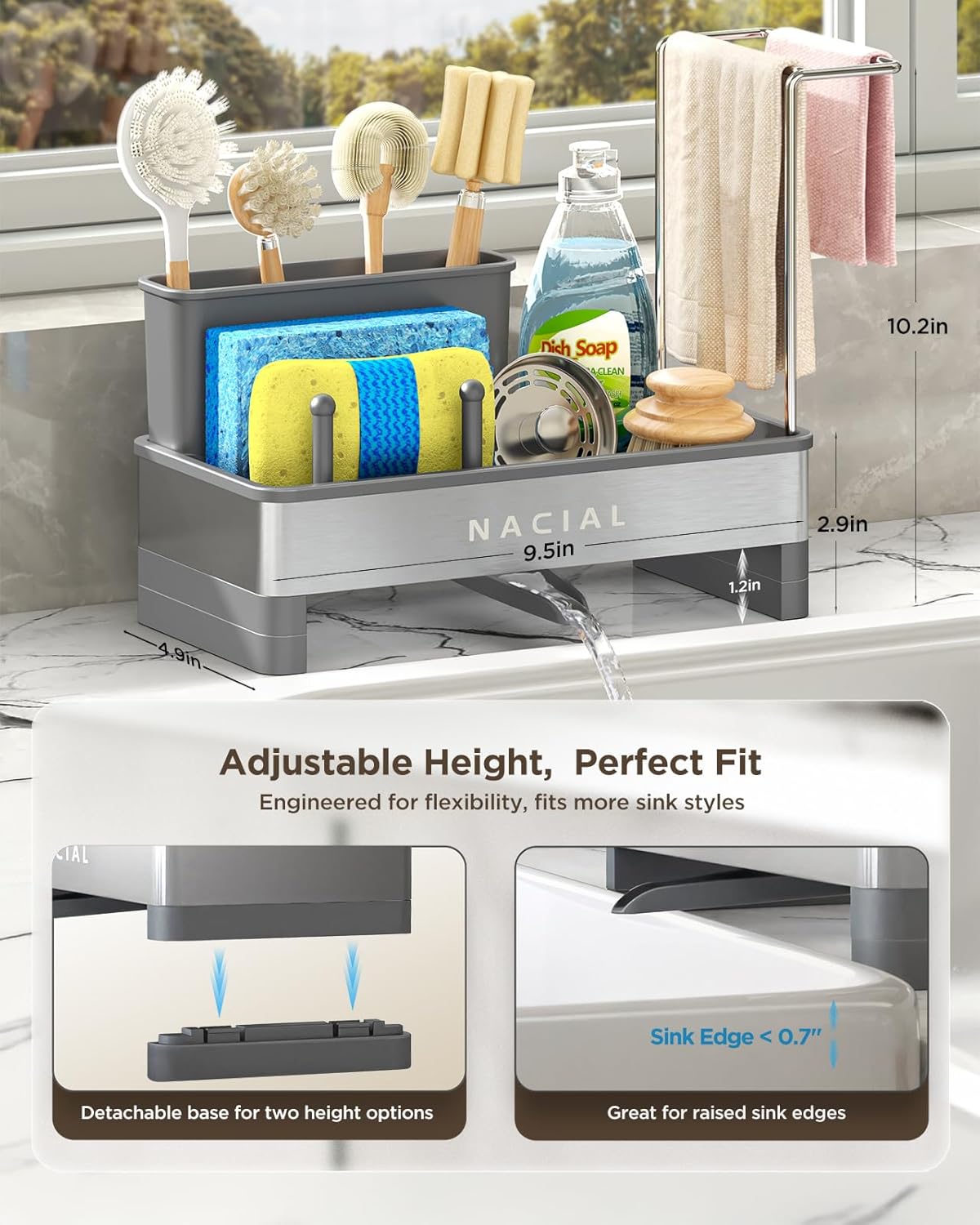 Nacial Sponge Holder for Kitchen Sink, Sink Caddy Organizer with High Brush Holder, Two Towel Racks & Soap Dispenser- Rustproof 304 Stainless Steel Kitchen Countertop Storage Essentials - Gris