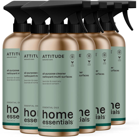 ATTITUDE Multi-Purpose Cleaner with Essential Oils, EWG Verified, Plant and Mineral-Based Ingredients, Vegan Household Products, Refillable Aluminum Bottle, Lavender and Rosemary, 16 Fl Oz (Pack of 6)