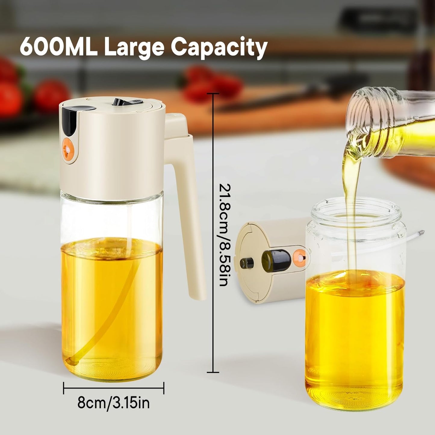 Oil Sprayer For Cooking with Leak-Proof Seal, One Touch Mist - 600ML Kitchen Oil Dispenser Bottle for Air Fryer, BBQ, Baking, Salad(White)