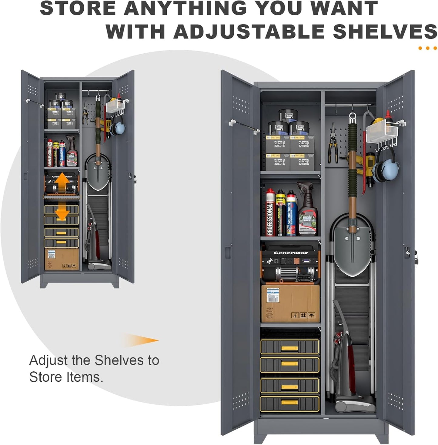 Broom Closet Storage Cabinet, Steel Locking Cabinet with Hanging Rod, 65" Cleaning Storage with Doors and Hooks, Tall Broom Tool Cabinets for Office, Garage