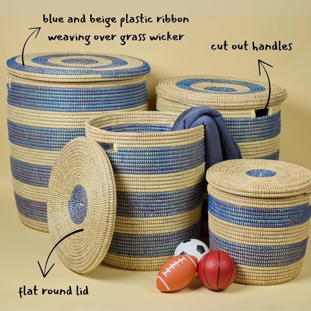 Storage & Organization - Laundry Basket, Bedroom Hamper, Nursery Toys Bin, Living Room Blankets Storage, Decorative, Wicker, Sturdy, Round, Handles, Woven, Blue Beige (Small)