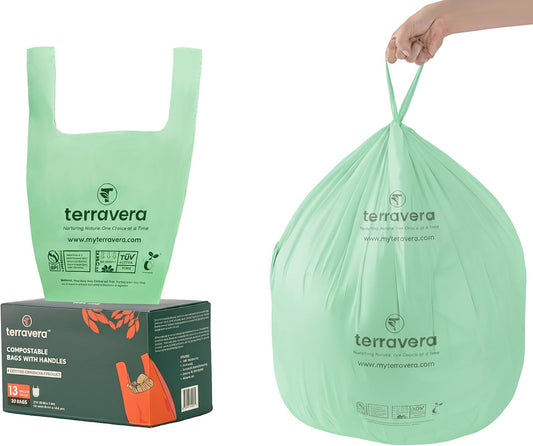 13 Gallon Compostable Trash Bags - Handle Tie | Extra Thick 1 mil|BPI & OK Home Certified ASTM D6400 Standards | Food Scraps, Kitchen Trash, Home & Yard Waste Bags | 30 Count compost bags