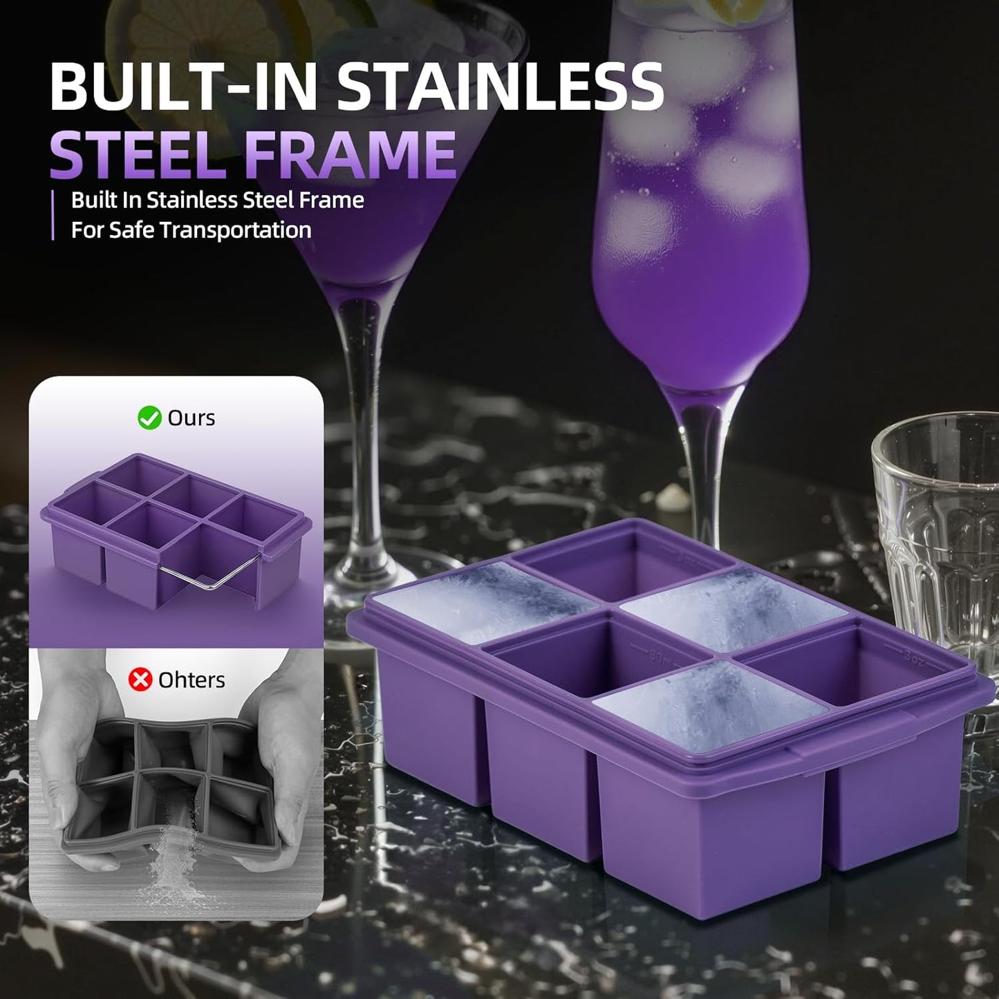 Large Ice Cube Trays for Whiskey (2 Pack) - Silicone Ice Cube Molds with Steel Frame Reinforcement & Lid, 2-Inch Square Ice Cubes for Whisky, Cocktails, Coffee, Tea - Easy Release