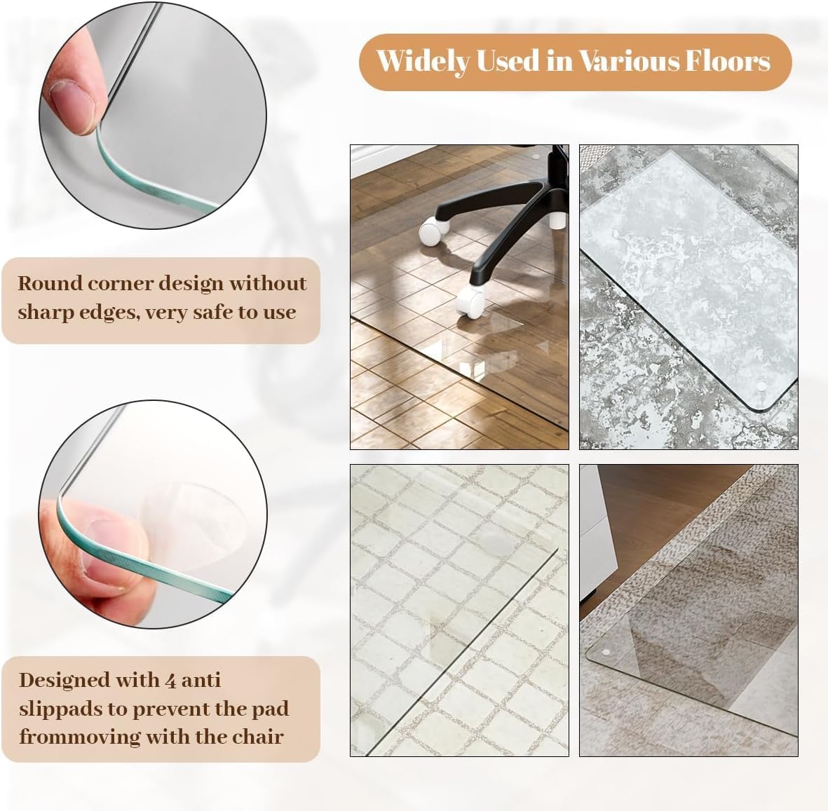 [Tempered Glass] 36" x 55" Glass Chair Mat, Heavy Duty Hard Floor Mat with Round Corner and Polished Edge, Office Chair Mat for Carpet Office Home Hardwood Floor Desk