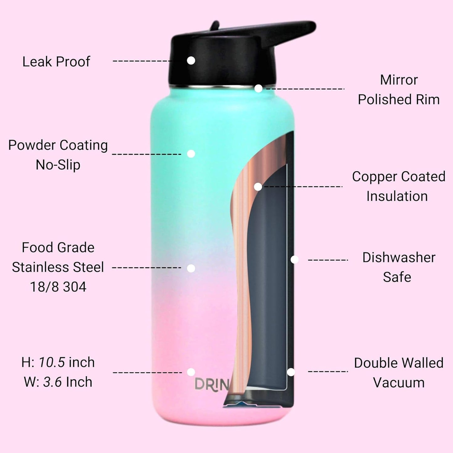 DRINCO Stainless Steel Water Bottle Spout Lid Vacuum Insulated Double Wall Water Bottle Wide Mouth (40oz 32oz 22oz 18oz 14oz) Leak Proof Keeps Cold or Hot (32 oz, 32oz Macaron)