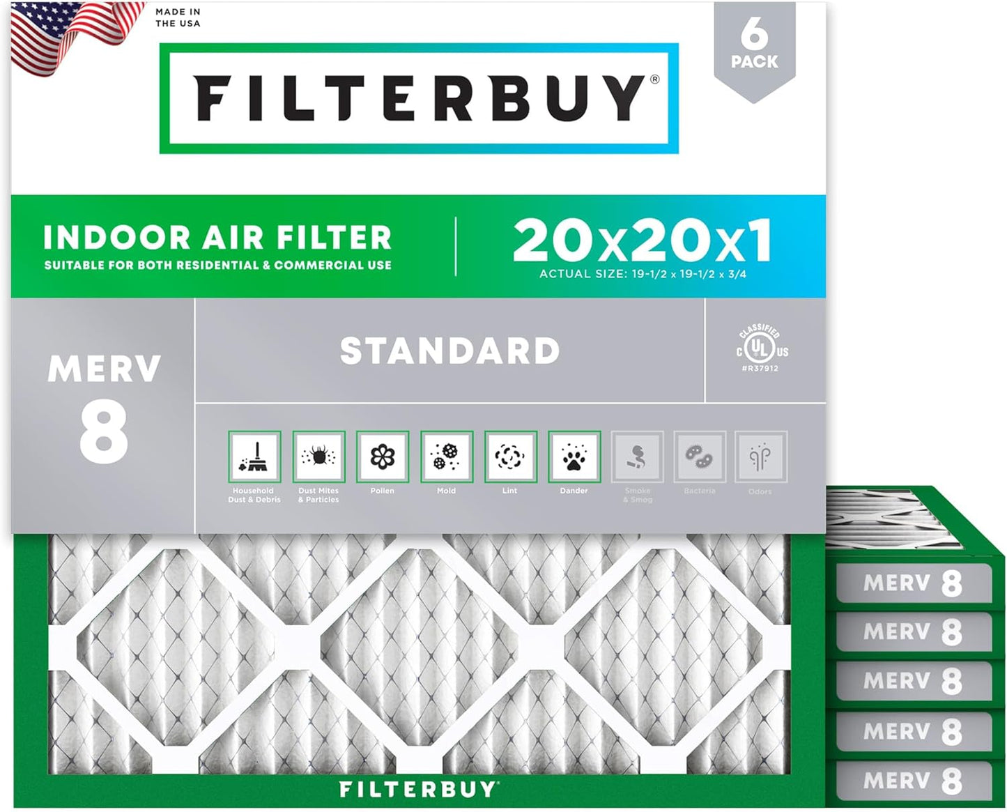 Filterbuy 20x20x1 Air Filter MERV 8 (MPR 700) Dust Defense Replacement (6-Pack), Electrostatic Pleated HVAC AC Furnace Filters, Made in USA (Actual Size: 19.50 x 19.50 x 0.75)