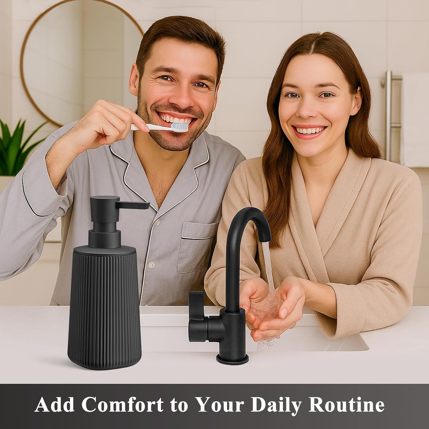 Black Hand Soap Dispenser with No Rust Pump for Bathroom and Kitchen Countertops Refillable Striped Matte Plastic 8.5 oz