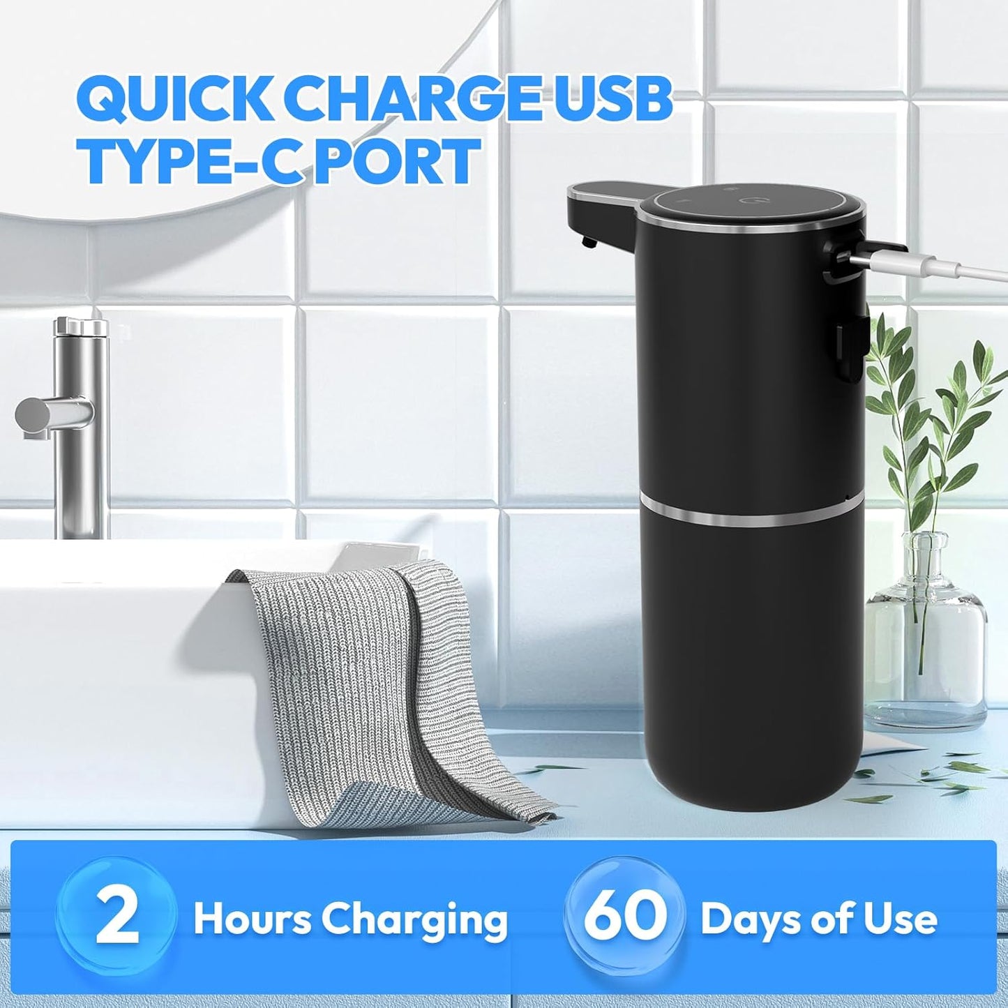 Automatic Soap Dispenser Touchless,Liquid Hand Soap Dispenser 12.8oz USB 4levels Adjustable Dispenser Electric Wall Mounted Smart for Bathroom and Kitchen Dish Soap，Easy for Toddlers(Black)