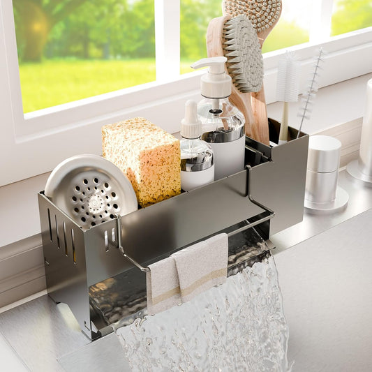 Sponge Holder for Kitchen Sink, Space-Saving Sink Caddy with Brush Holder, Kitchen Countertop Organizers and Storage Essentials