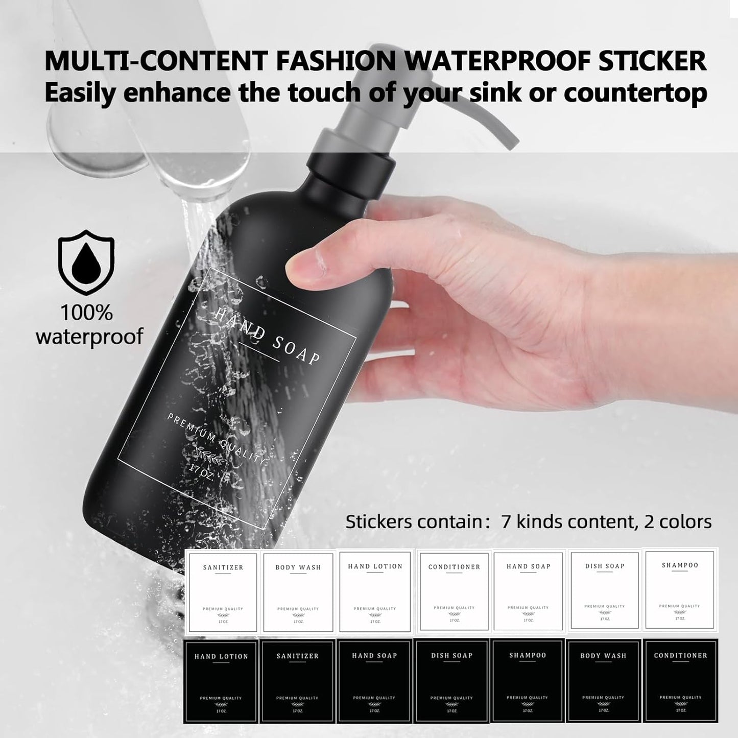 Black Thick Glass Soap Dispenser - Farmhouse Kitchen Dish &Hand Soap Dispenser Set, 304 Rustproof Pump Lotion Dispenser Bathroom with Tray, 14 Waterproof Stickers for Kitchen Decor Sink