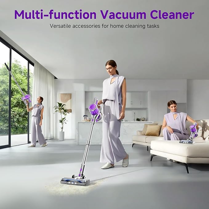 Cordless Vacuum Cleaner, 38Kpa Powerful Stick Vacuum Cleaner with 45mins Rechargeable Battery, LED Anti-Tangle Brush, 8-in-1 Handheld Vacuum Cleaners for Home/Pet Hair/Carpets/Floors, Purple