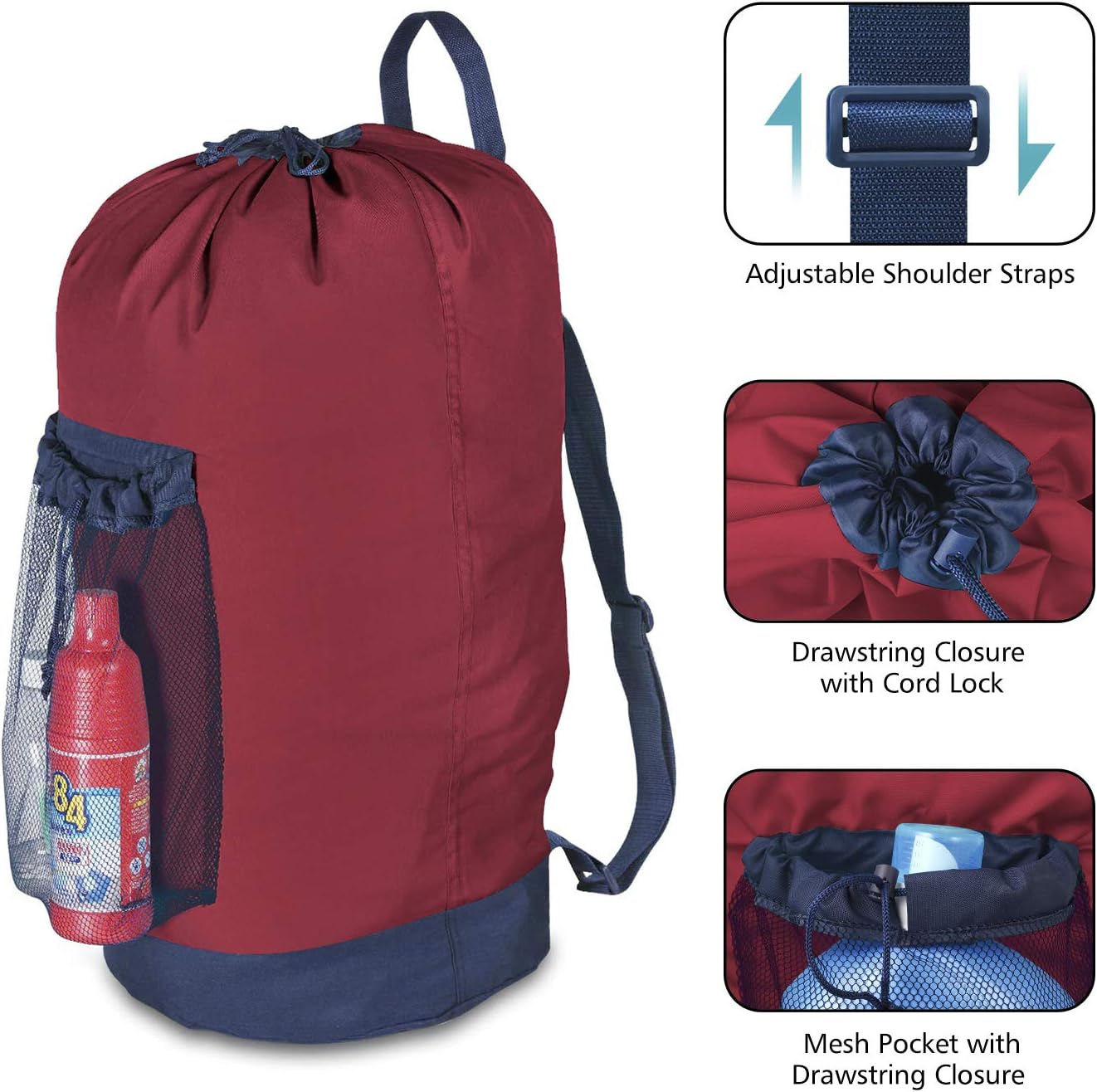 Dalykate Backpack Laundry Bag, Laundry Backpack with Shoulder Straps and Mesh Pocket Durable Nylon Clothes Hamper Bag with Drawstring Closure Red
