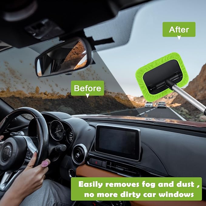 Frienda 3 Set Windshield Cleaner Tool Inside Car Window Cleaner Tool with 3 Extendable Handle 9 Reusable Microfiber Pads and 3 Spray Bottles for Auto Home Interior Exterior Glass Cleaning(Green)