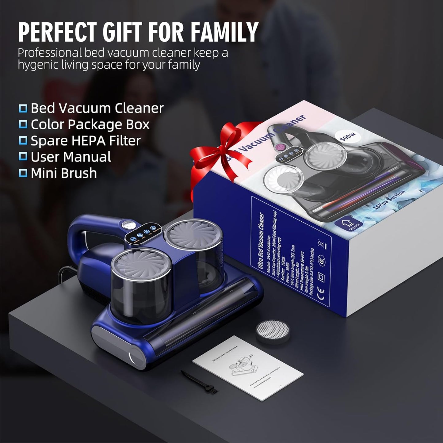 Mattress Vacuum Cleaner, 16Kpa Bed Vacuum Cleaner with 253.7nm UV-C Light & Heating & Ultrasonic Quintuple Tech & 30000 RPM/Min Brushroll Rotation, Widened Suction Port, 500W, Corded