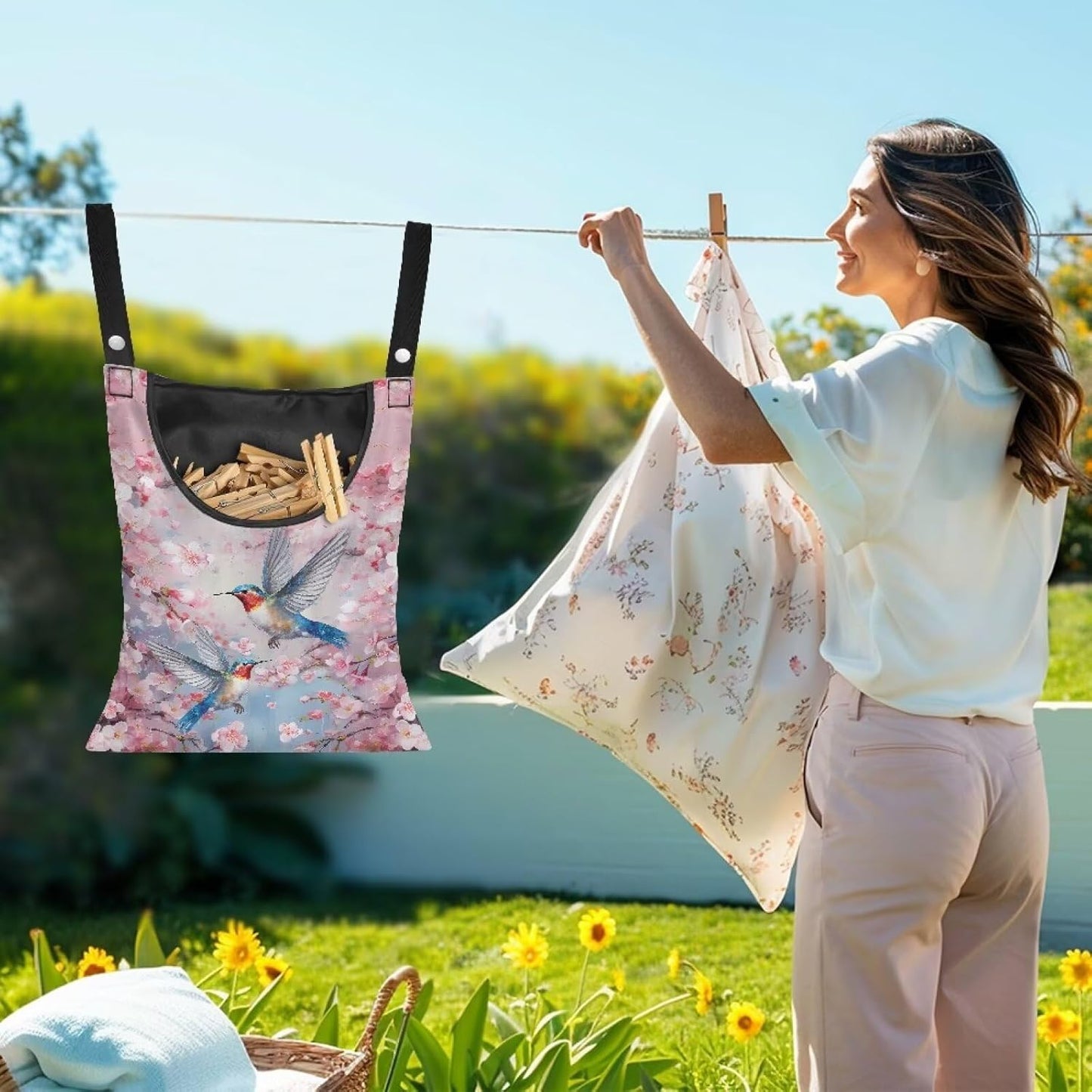 Pin Bag, Hummingbird Print Clothes Pin Hanging Bag Clothespin Storage Organizer with Large Opening Storage Organizer Space-Saving Laundry Hanging Bag