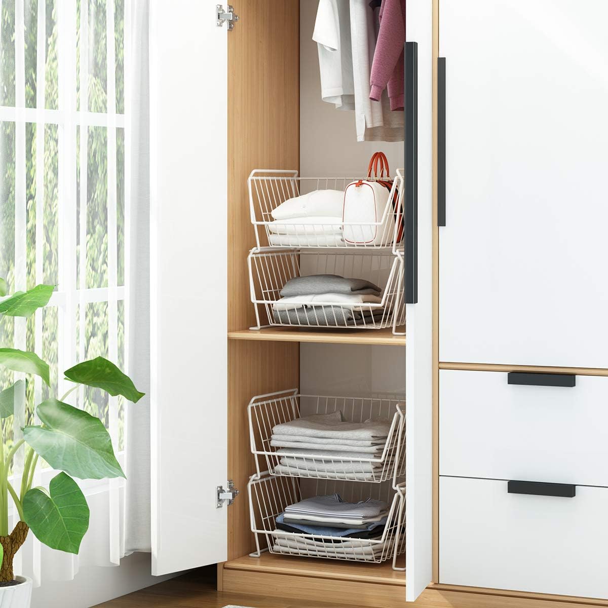 PUSDON Stackable Metal Storage Carts, Dual Use Shelf for Kitchen Fruit Vegetable Baskets with Wheels, Storage Rack for Living Room, Home & Office, Standard White 4 Tiers