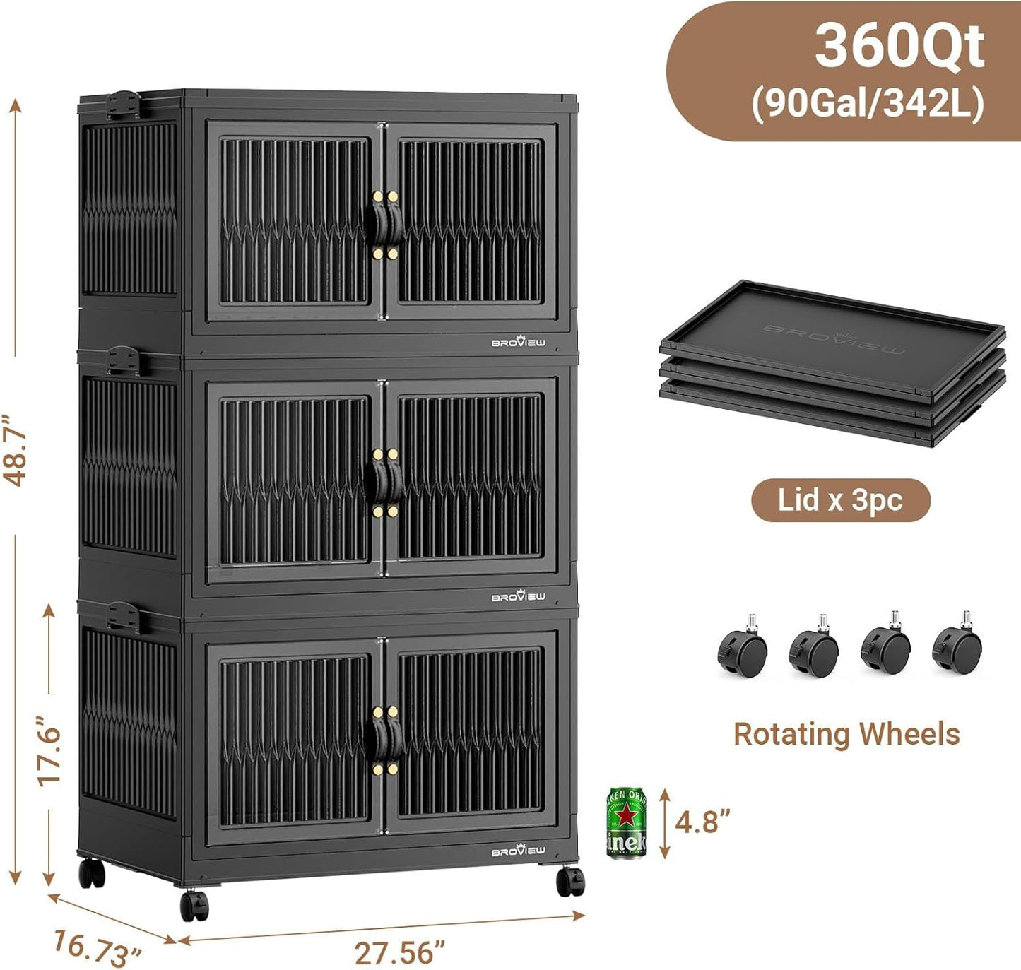 BROVIEW 360Qt Stackable Storage Bins with 3 Lids, Extra Large Closet Organizer Collapsible Drawer Boxes with Wheels, Folding Plastic Cabinet Containers for Home Kitchen Room Organization, 3Pack Black