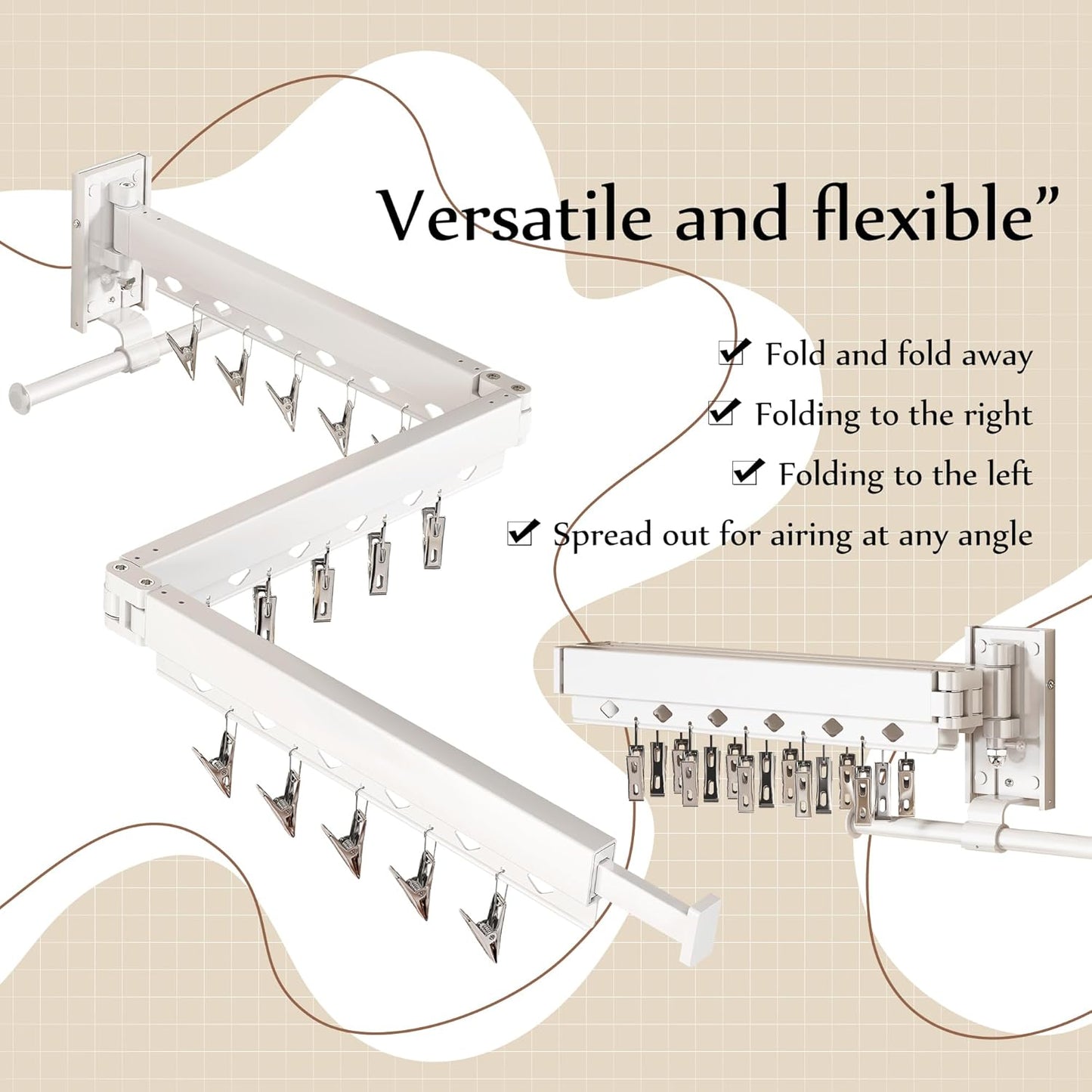 Wall Mounted Collapsible Clothes Drying Rack, Durable Space-Saving Laundry Drying Rack Clothing Hanger, Upgraded with Clips and Windproof Holes