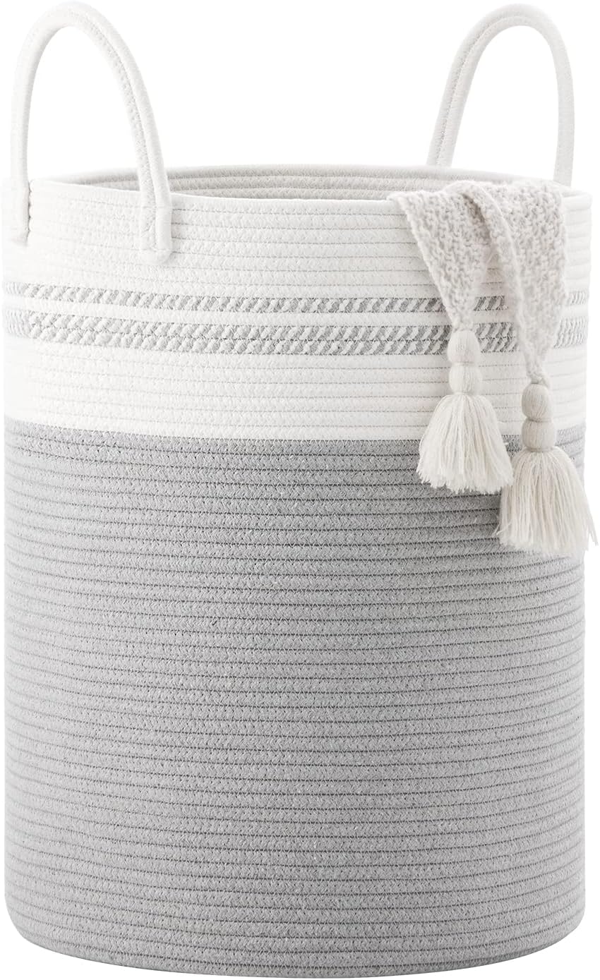 YOUDENOVA Woven Rope Laundry Hamper Basket, 58L Tall Luandry Basket, Baby Nursery Hamper for Blanket Storage, Clothes Hamper for Laundry in Bedroom-Grey