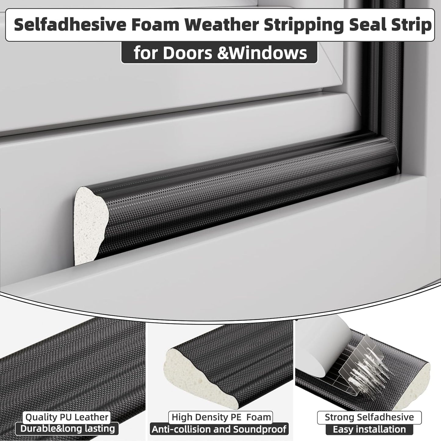 2 Pack*16.4 Ft Weather Stripping Seal Strip for Doors,Soundproofing Window Insulation Draft Stopper for Winter, Selfadhesive Foam Weather Strip for Door Frame,Door Gap Filler Noise Blocker(Black)