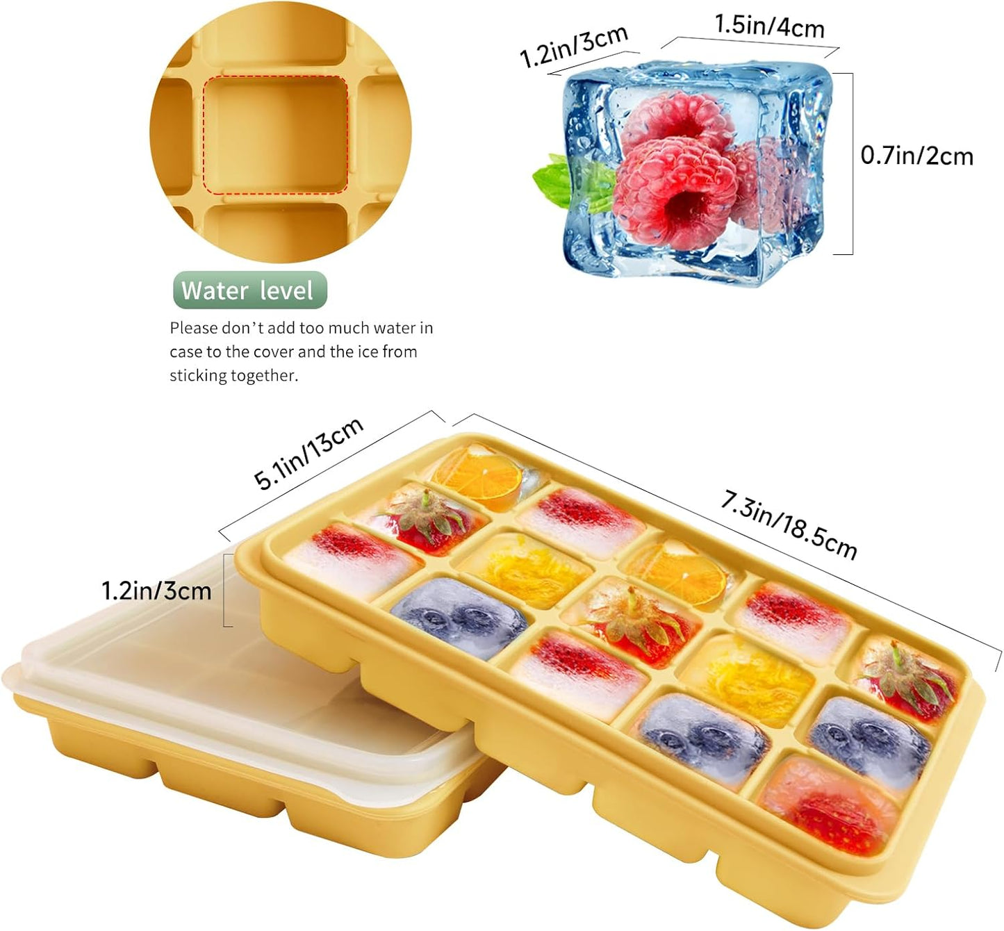 Tvmania Ice Cube Trays Set of 2, Easy Release 15 Flexible Silicone Ice Cube Molds with Removable Lid Reusable Freezer Ice Trays Stackable for Whiskey, Baby Food, BPA Free (yellow)