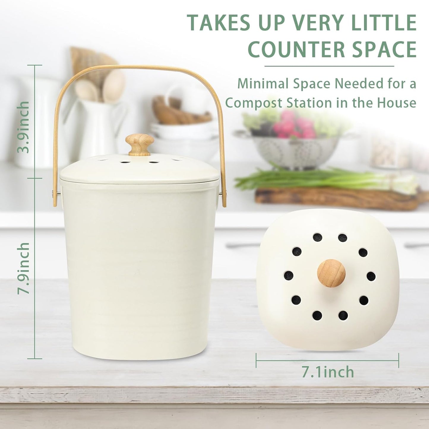 Vipush Bamboo Fiber Compost Bin with Lid Small Countertop Compost Bin Includes Charcoal Filter, Beige