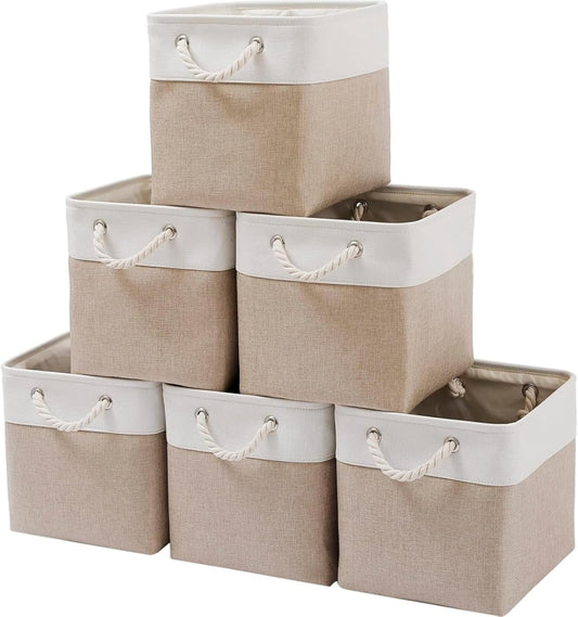 Mangata Canvas Storage Boxes, 9.8 Inch Cube Storage Bins Set of 6 for 10 Inch Cabinets, Fabric Baskets with Cotton Rope Handle for Organizing Clothes Nursery Home (Khaki/White)