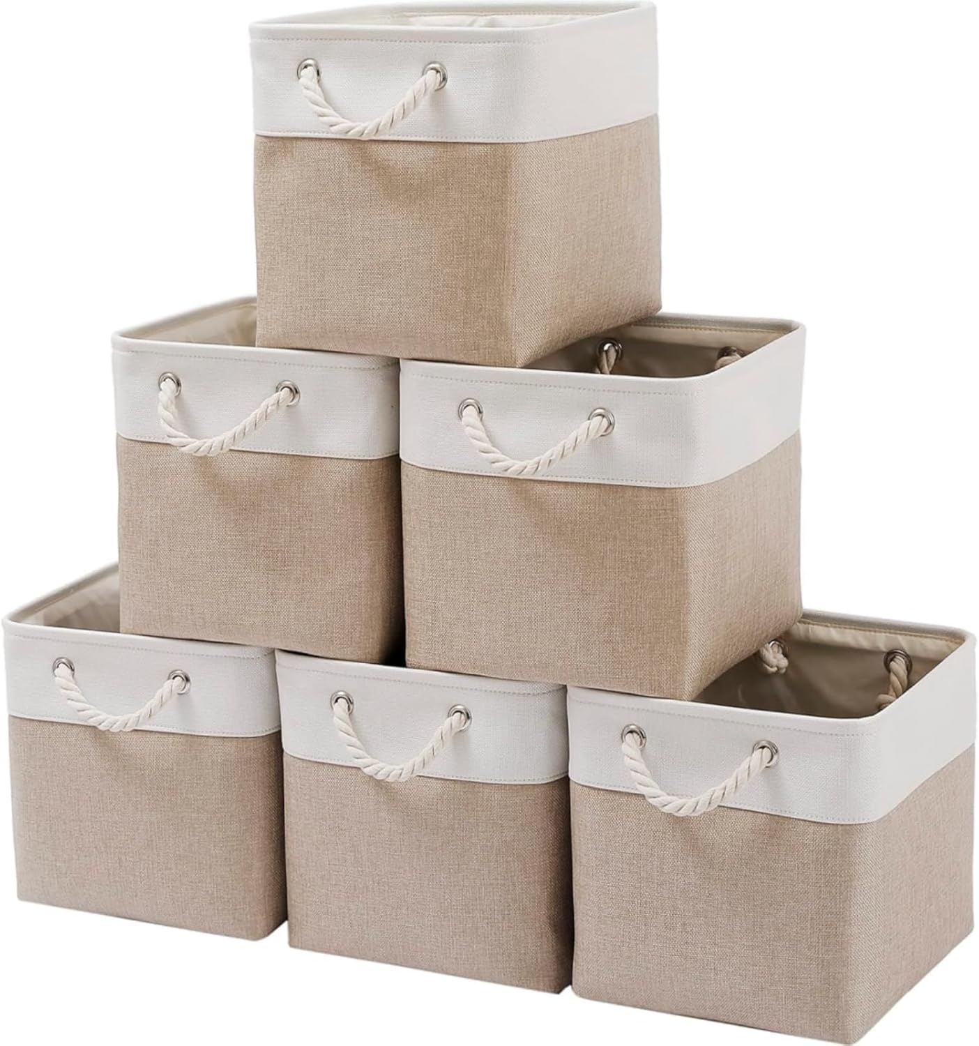 Mangata Canvas Storage Boxes, 11.8 Inch Cube Storage Bins Set of 6 for 12 Inch Cabinets, Fabric Baskets with Cotton Rope Handle for Organizing Clothes Nursery Home (Khaki/White)