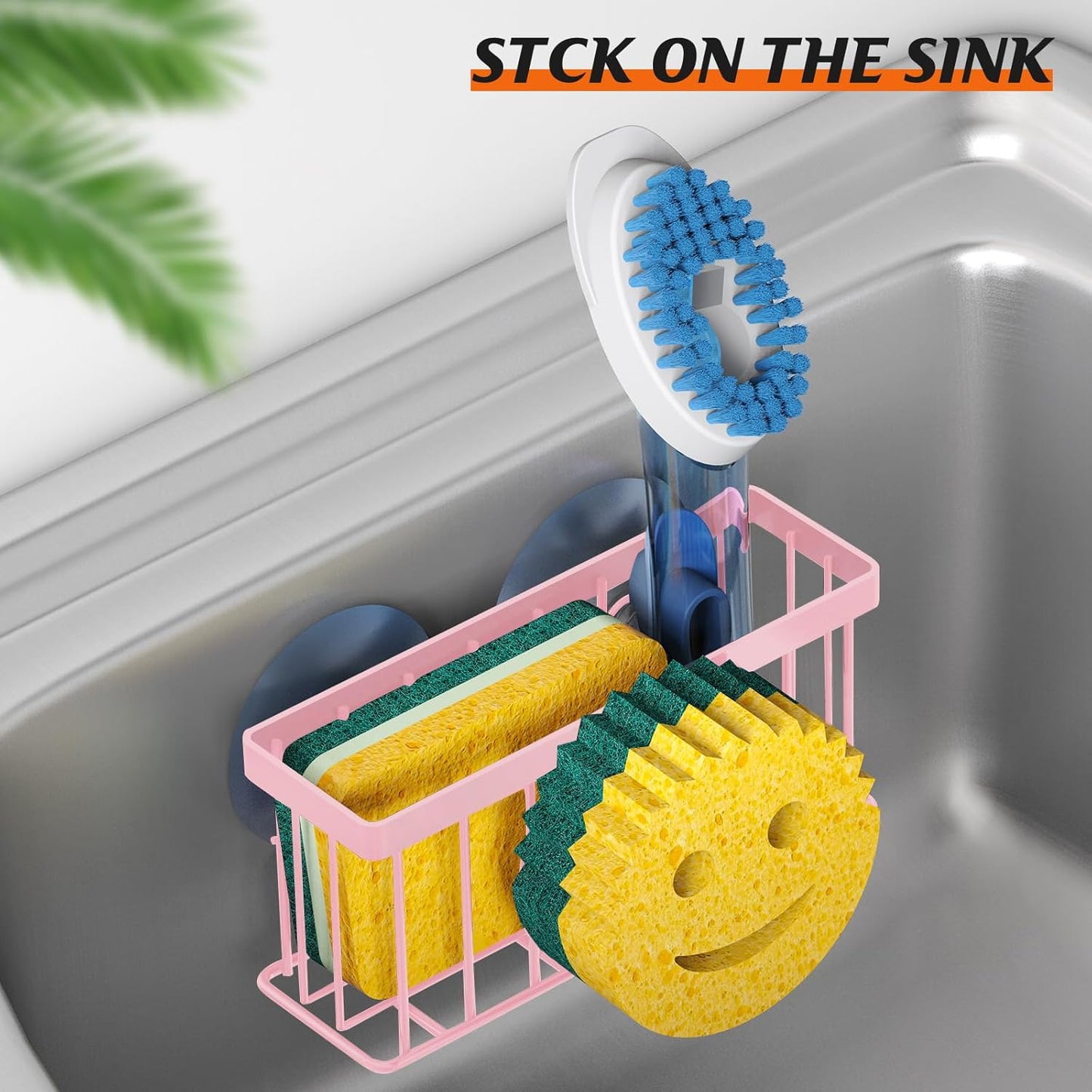 Sponge Holder Smiley Face,Sink Caddy,Sink Organizer with 2 Suction Cups/1 Adhesive Strips,Designed for Sponge,Soap,Dish Brush,Scrubber - Pink