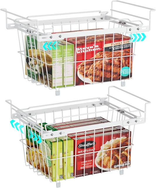 iSPECLE Freezer Organizer Bins - 2 Pcs Hanging Baskets for Deep Freezer, Adjustable Wider & Deeper Chest Freezer Organizer Bins for 5 to 9 Cu Ft, Extra Large & Easy Organize, White