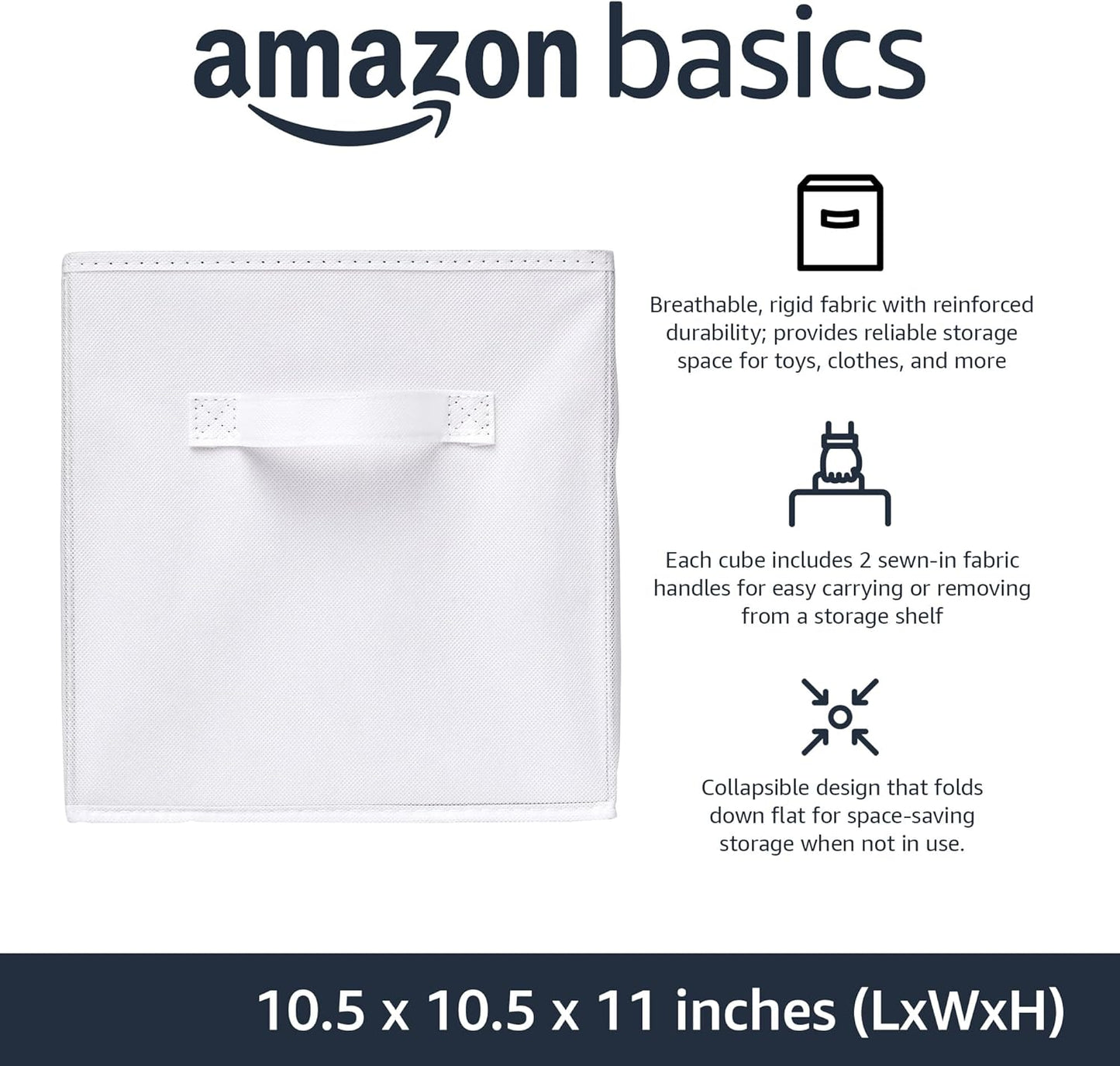 Amazon Basics Collapsible Fabric Storage Cubes Organizer with Handles, Sturdy, White, 10.5-x-10.5-x-11-inch, Pack of 6