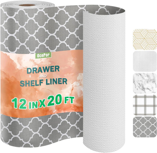 OcePor Non-Adhesive Drawer and Shelf Liner 12IN x 20FT，Non Slip Cabinet and Cupboard Liner, Kitchen Cabinet Liners for Shelves, Waterproof Drawer Shelf Liners for Cabinets/Bathroom Cupboard
