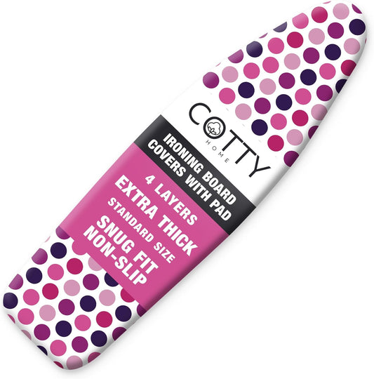 Extra Thick Ironing Board Covers with Pad Standard Size 15x54, Heat Reflective Full Scorch Resistant Padding, Snug Fit Non-Slip Nose Pocket Fastener Straps Elastic Edges, Polka Dots