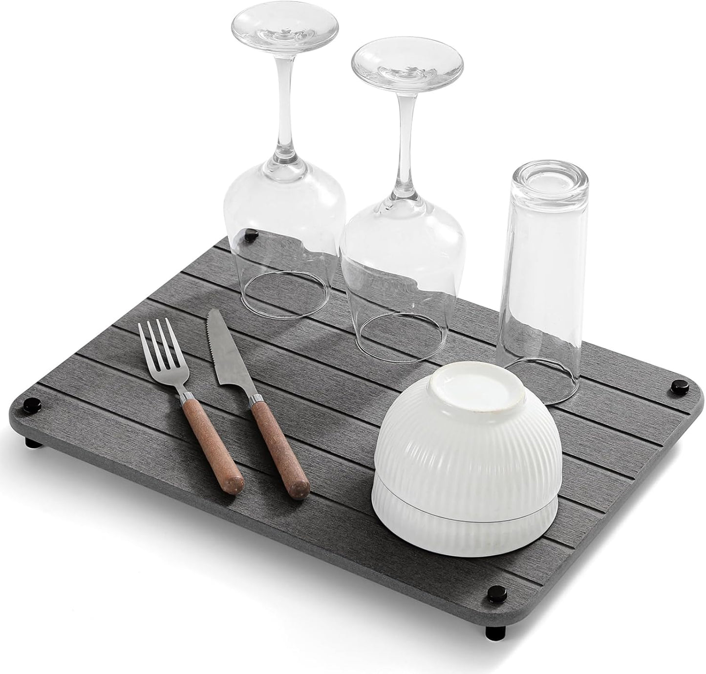 Stone Dish Drying Mat for Kitchen Counter, Water Absorbing Bathroom Tray Sink Organizer, Diatomaceous Earth Countertop Dish Rack Riser Sponge Holder Soap Dish, Dark Gray, 16" x 12"