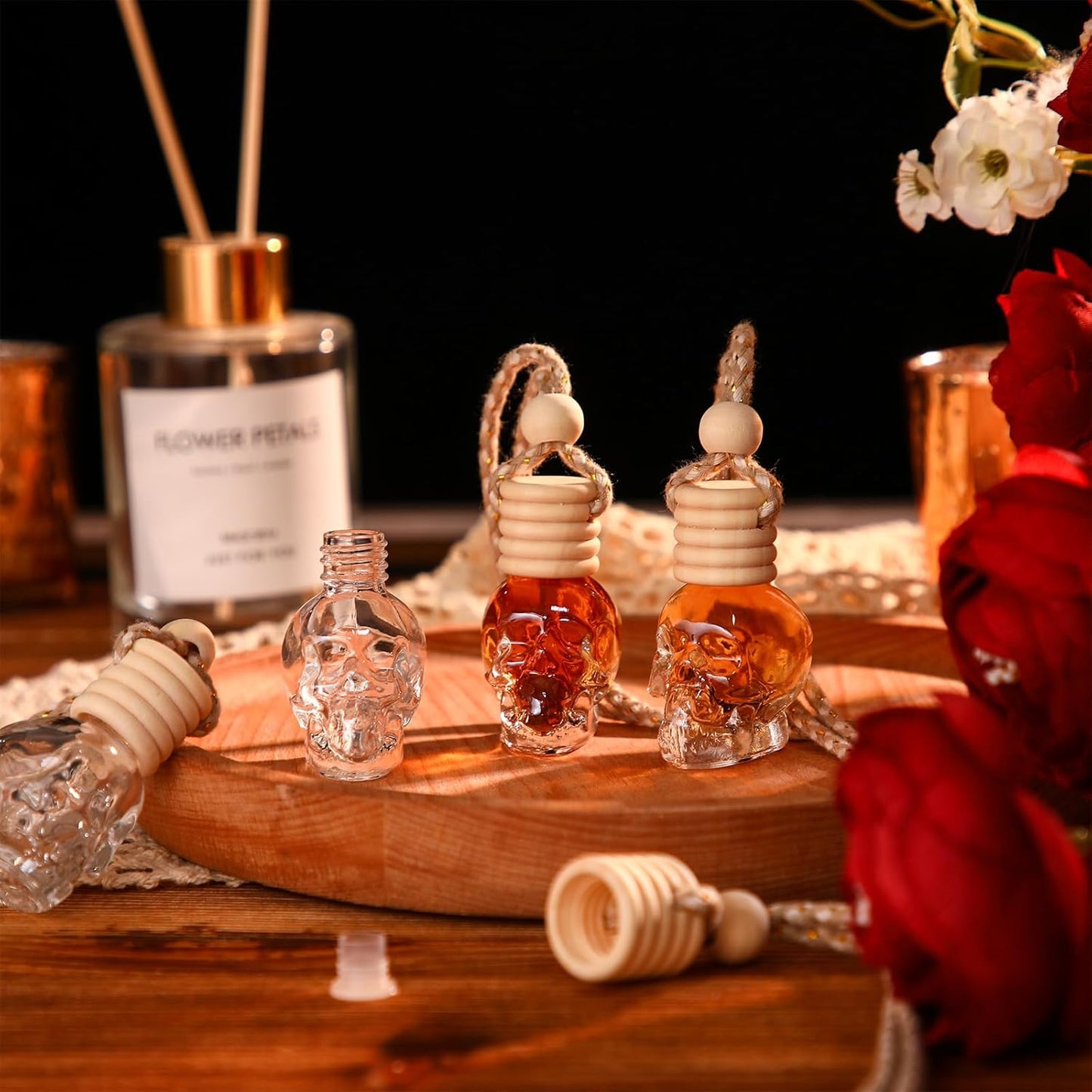 BBTO 50 Pcs Hanging Car Air Freshener Car Diffuser Bottles Empty Glass Perfume Bottle Freshener Diffuser Bottle Pendant for Essential Oil Fragrance Aromatherapy Bottle Ornament(Skull)