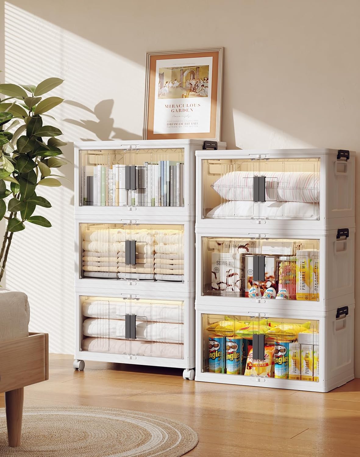 OlarHike 48QT Stackable Storage Bins with Lids - Folding Storage Boxes with Doors and Wheels, Collapsible Plastic Storage Organizer for Closets, Storage and Organization, 6 Pack Cubes