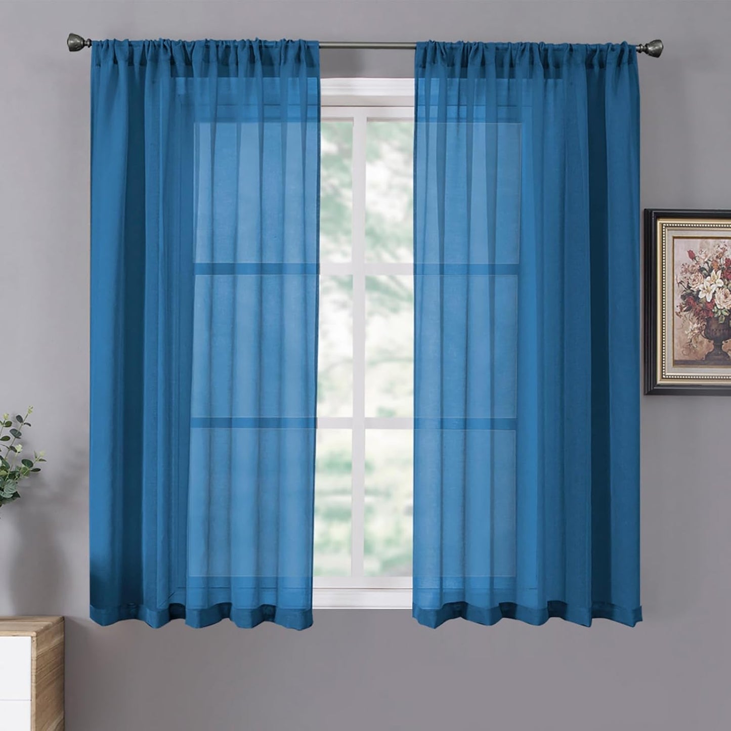 Tollpiz Short Sheer Curtain Living Room Linen Textured Curtains Sheer Light Filtering Voile Rod Pocket Curtain for Bedroom, 38 x 54 inches Long, Classic Blue, Set of 2 Panels