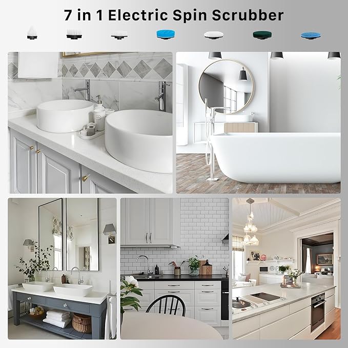 Electric Spin Scrubber, Hillyfe Bath Scrubber for Cleaning with 7 Replaceable Brush Heads, IPX7 Waterproof,300/400 RPM, 3 Adjustable Size,Cordless Shower Cleaner Brush for Bathroom Floor,Black