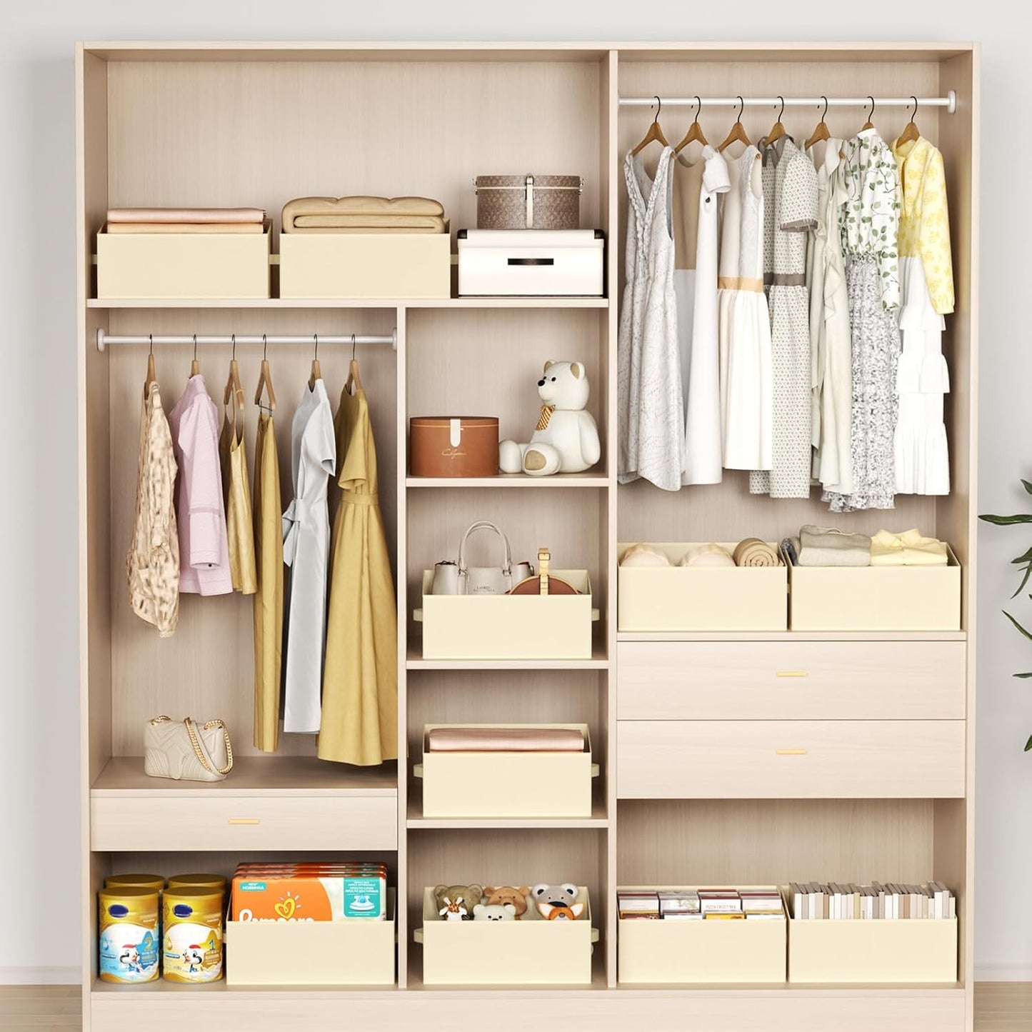 DIMJ Large Closet Storage Bins 8 Pack - Fabric Trapezoid Closet Organizer Bin, Foldable Storage Baskets for Shelves, Closet Shelf Organizer, Clothing Storage Box for Toys, Books, Towel, Clothes, Beige