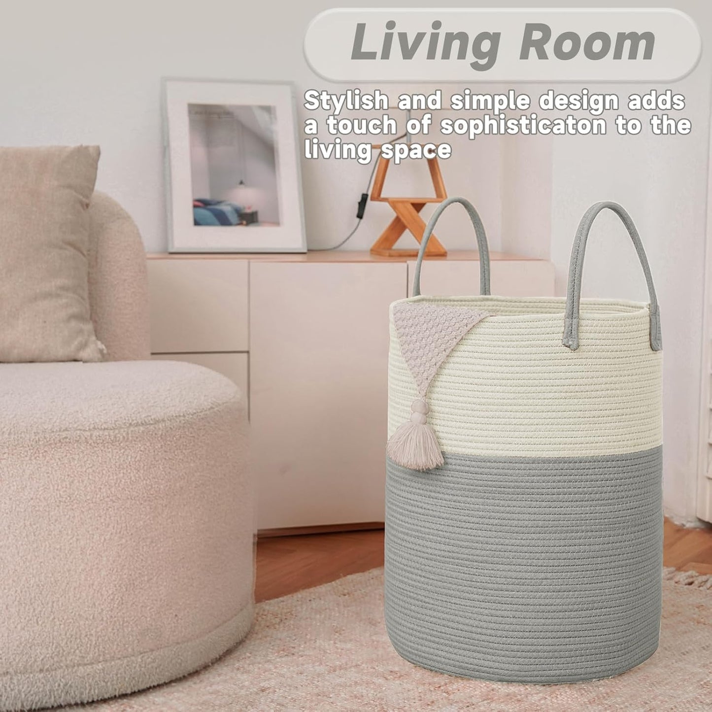 Large Woven Laundry Basket Hamper,60L Cotton Rope Storage Bin for Blankets,Toys and Clothes,Decorative Tall Nursery Hamper for Living Room,Baby Nursery,Bathroom and Bedroom,White and Grey