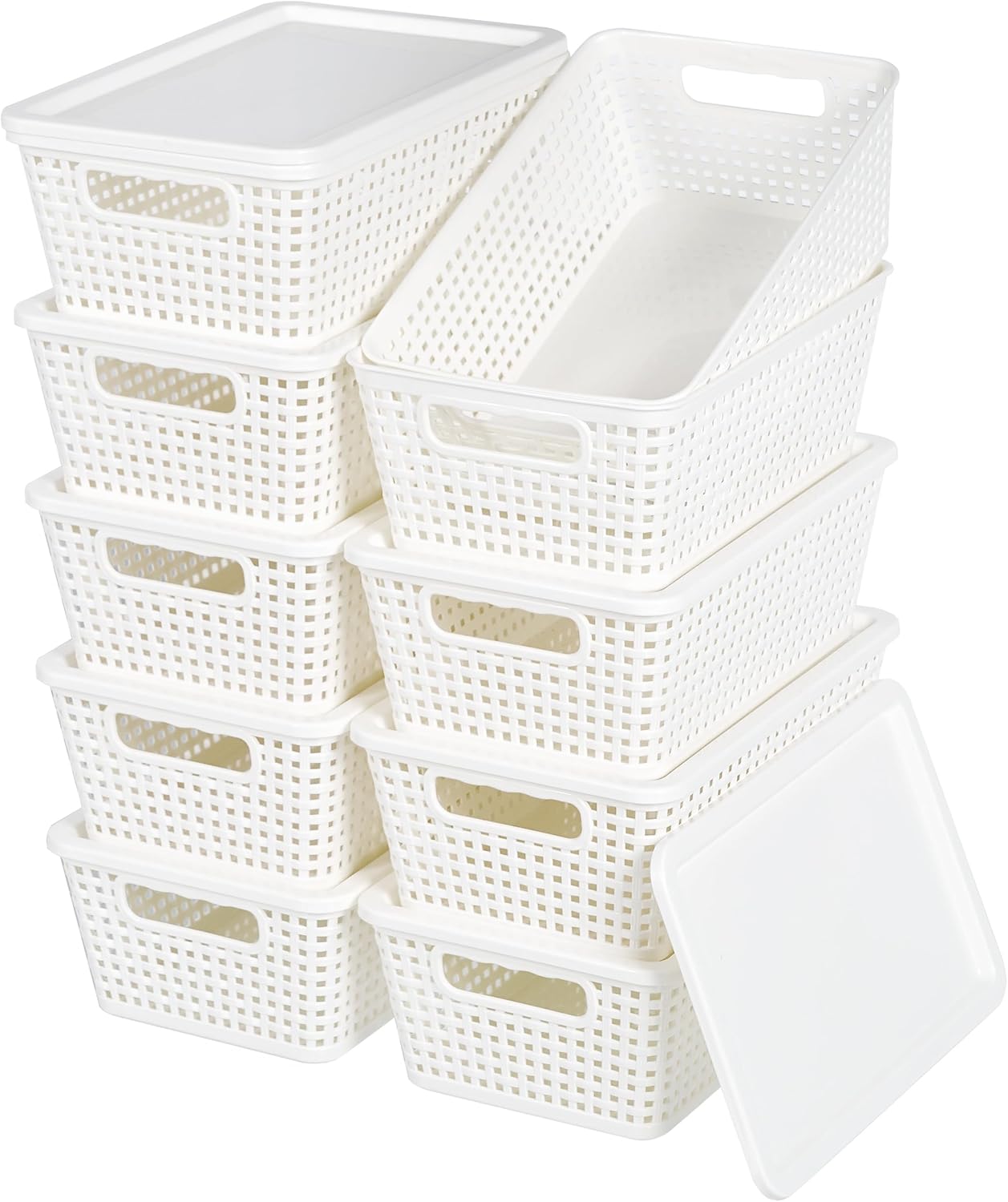 Plastic Storage Baskets With Lid, Storage Bins for Organizing, Stackable Decorative Containers for Shelves Drawers Desktop Closet Playroom Classroom Office, 10 Pack-White