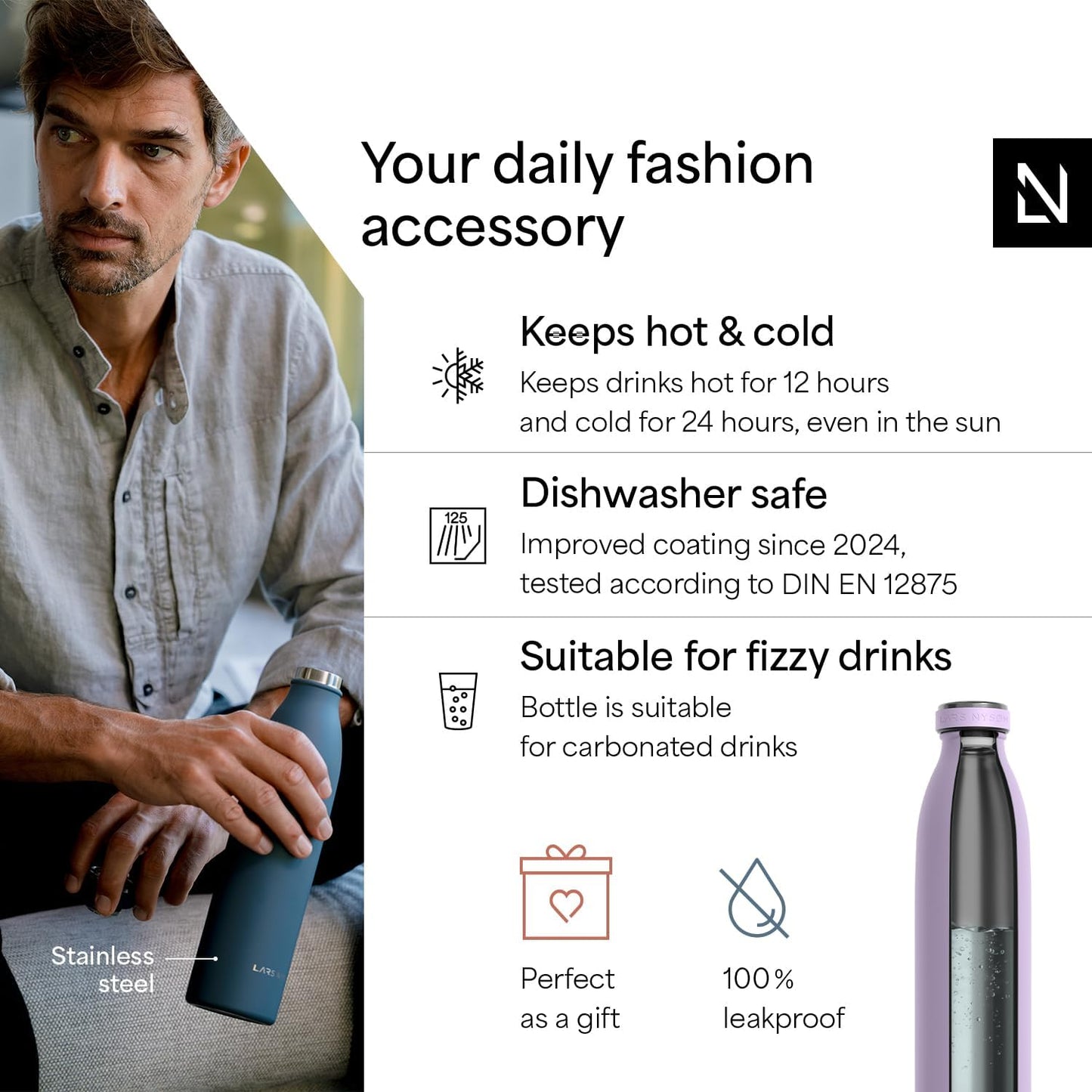 LARS NYSØM Stainless Steel Insulated Water Bottle 12oz 17oz 25oz 34oz 51oz | Insulated Thermo Flask for Hot and Cold Beverages | Leakproof Drinking Bottle (Lavender Purple, 17oz)