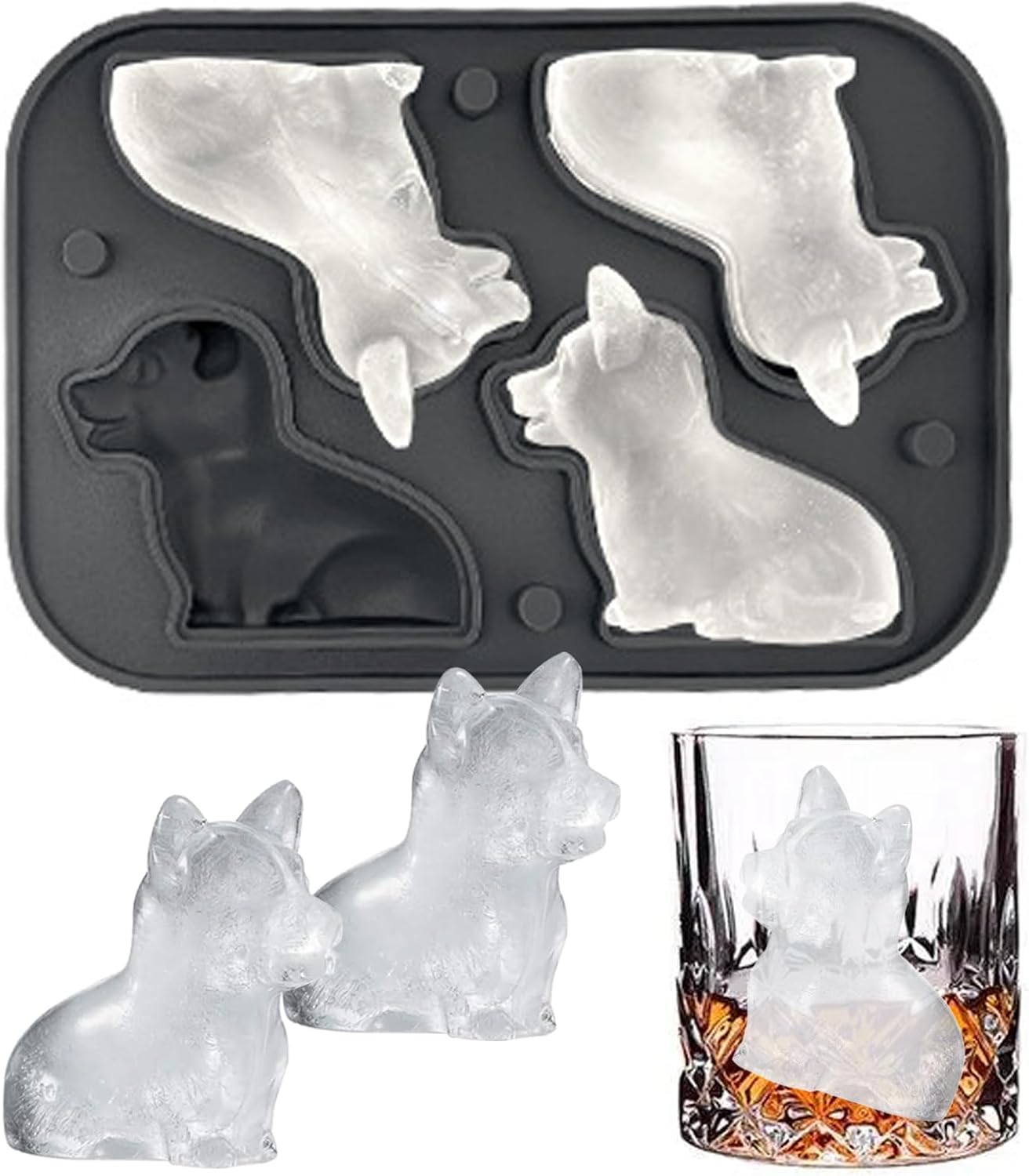 Corgi Dog gifts 3D Ice Cube Mold, Admaison Ice Cube Tray with Funnel for Cocktails, Bourbon,Brandy, Whiskey Gifts for Men, Silicone Fun Shapes Black (Corgi)